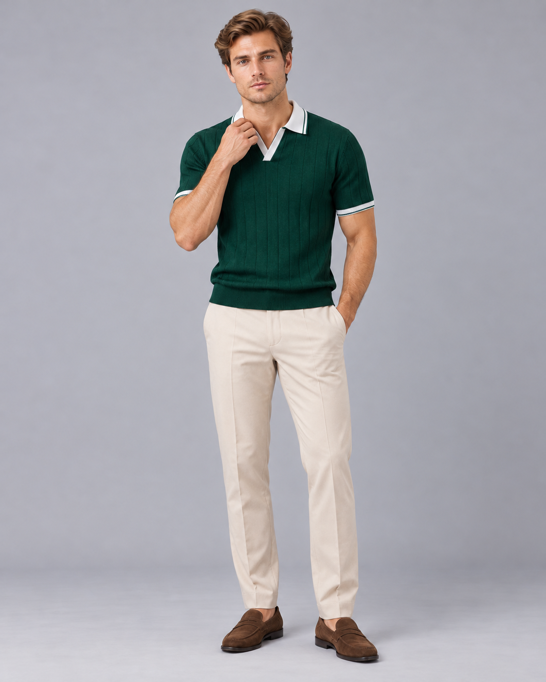 Men's Ribbed-Knit Polo & Tapered Trousers Smart Co-Ord Set