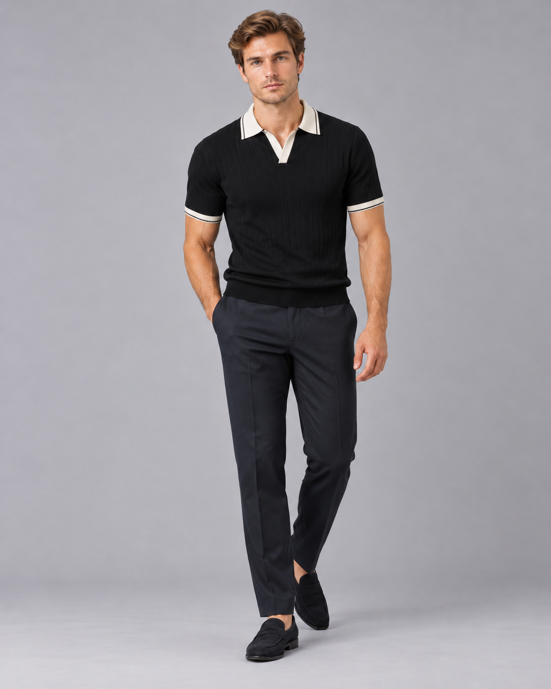 Men's Ribbed-Knit Polo & Tapered Trousers Smart Co-Ord Set