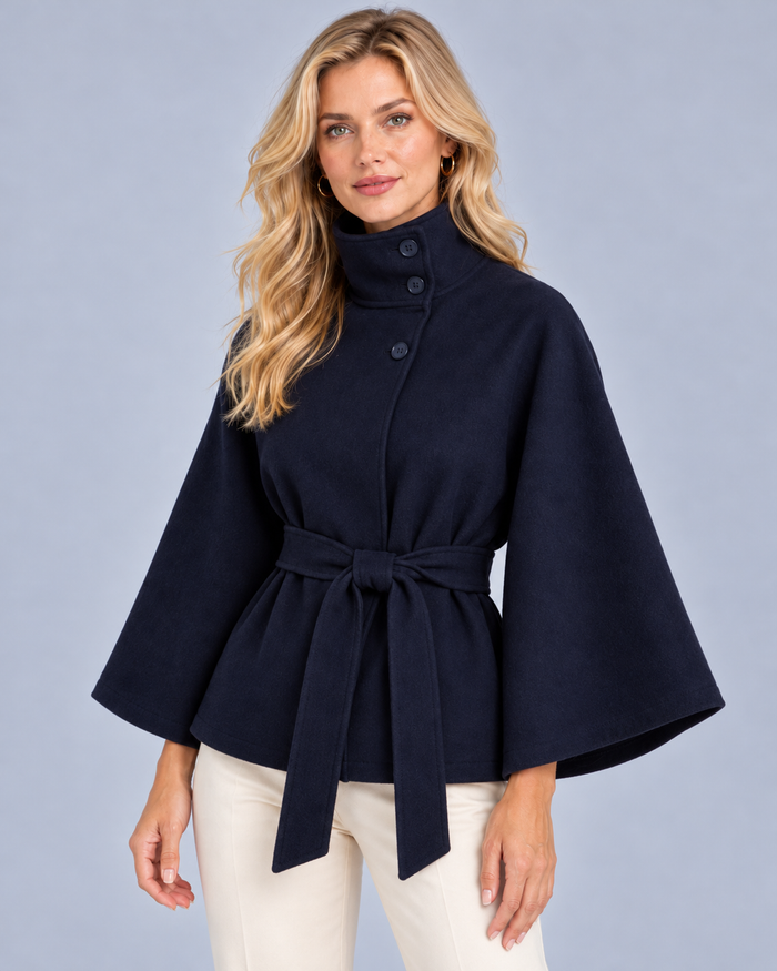 Women's Belted Funnel Neck Cape Coat | Wide Sleeve