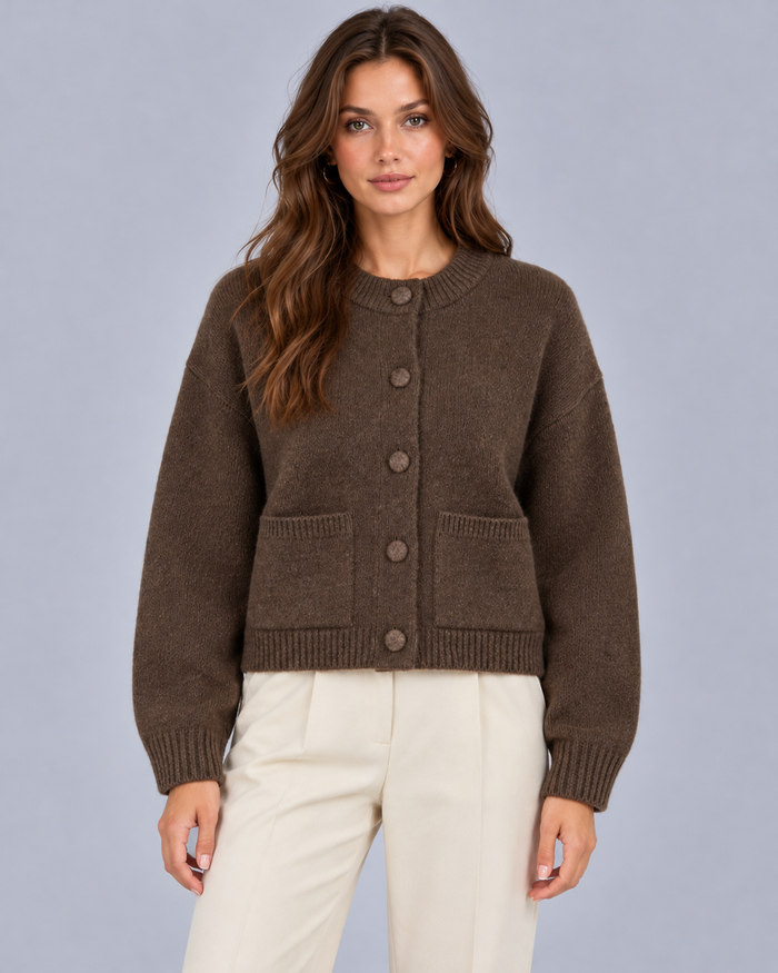 Women's Cropped Chunky Knit Cardigan with Patch Pockets