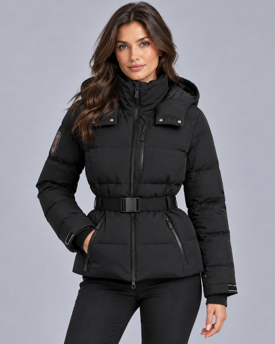 Women's Hooded Belted Puffer Jacket with High Collar