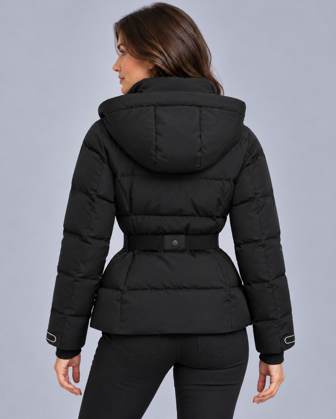 Women's Hooded Belted Puffer Jacket with High Collar