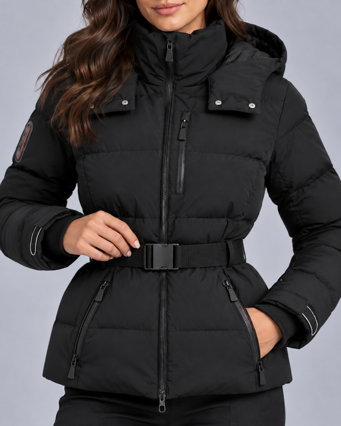 Women's Hooded Belted Puffer Jacket with High Collar