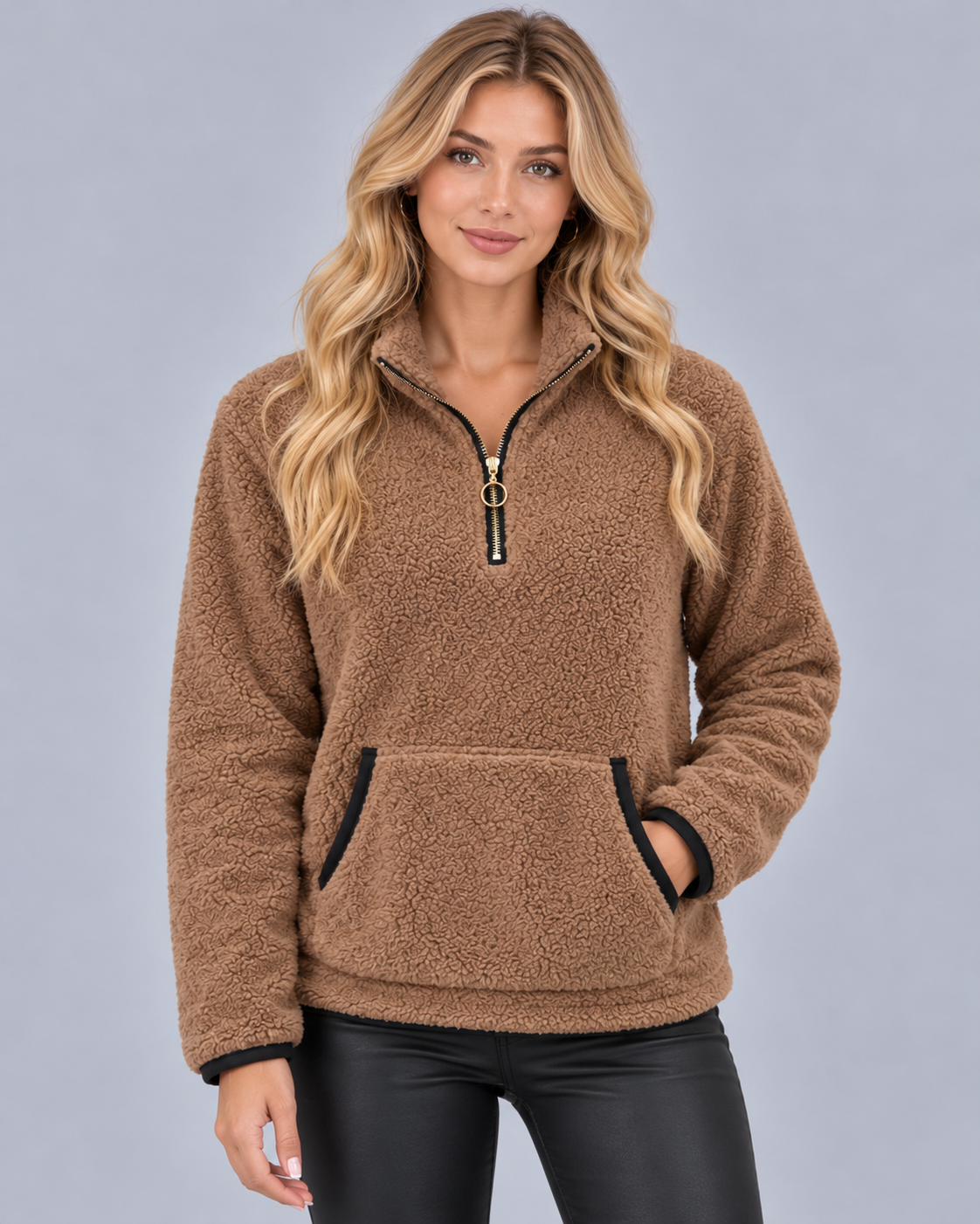 Women's Teddy Fleece Half Zip Jumper with Kangaroo Pocket