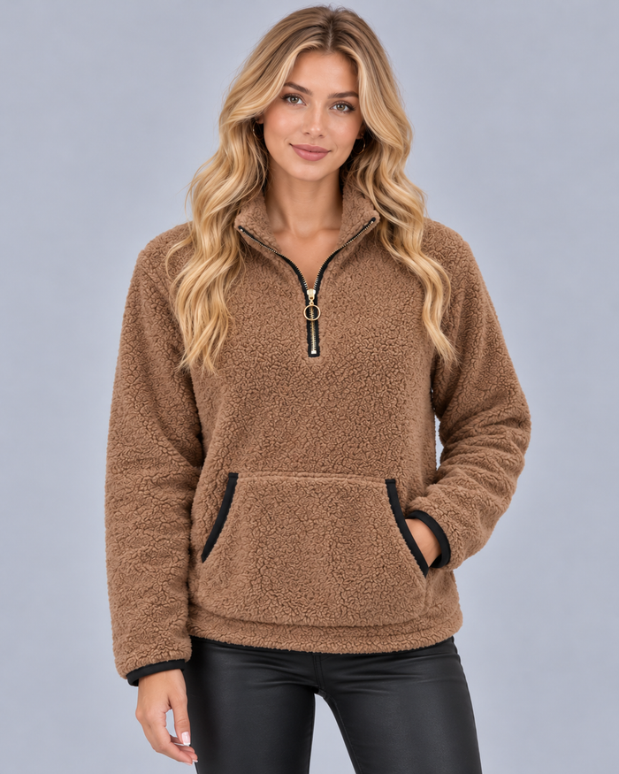 Women's Teddy Fleece Half Zip Jumper with Kangaroo Pocket