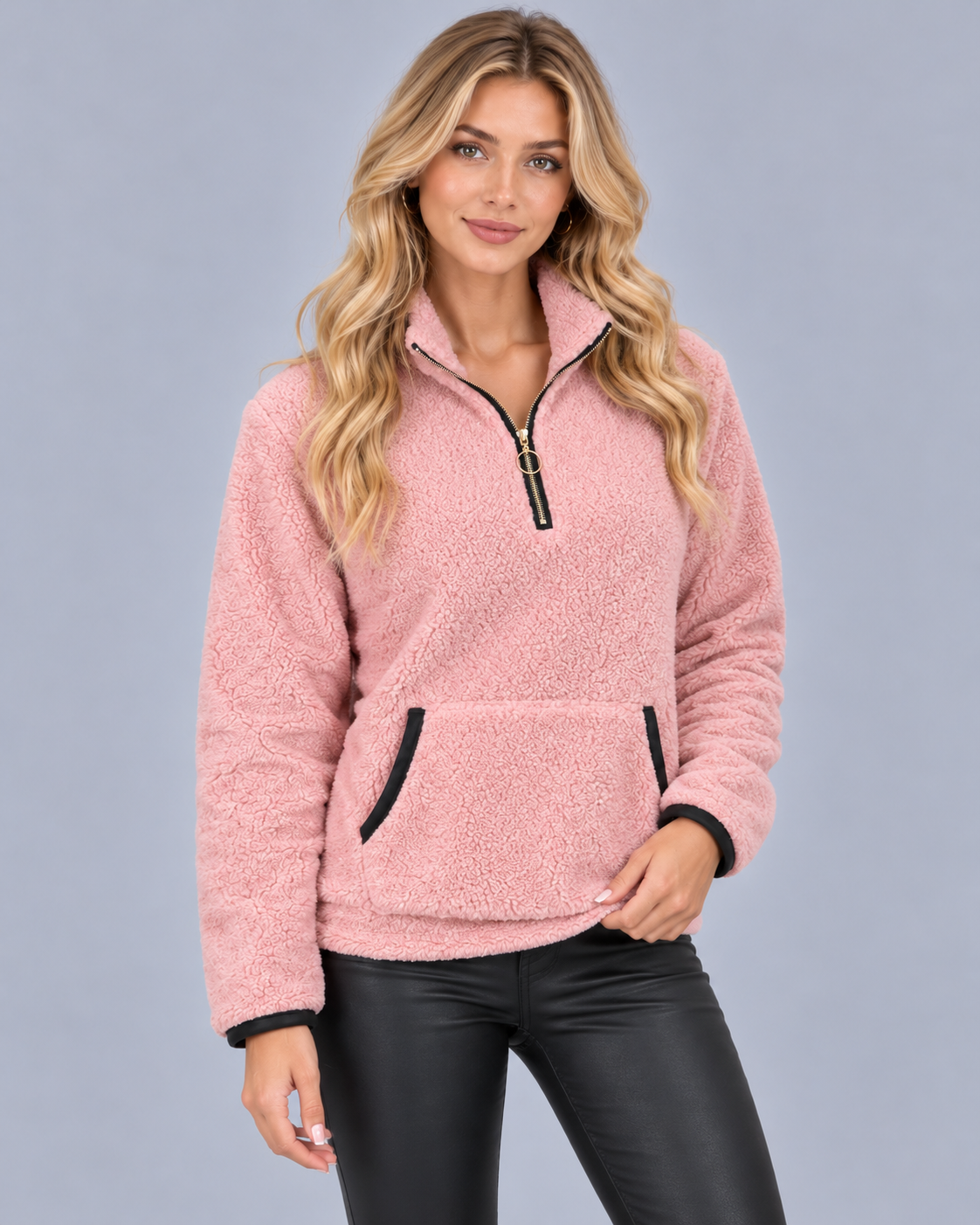 Women's Teddy Fleece Half Zip Jumper with Kangaroo Pocket