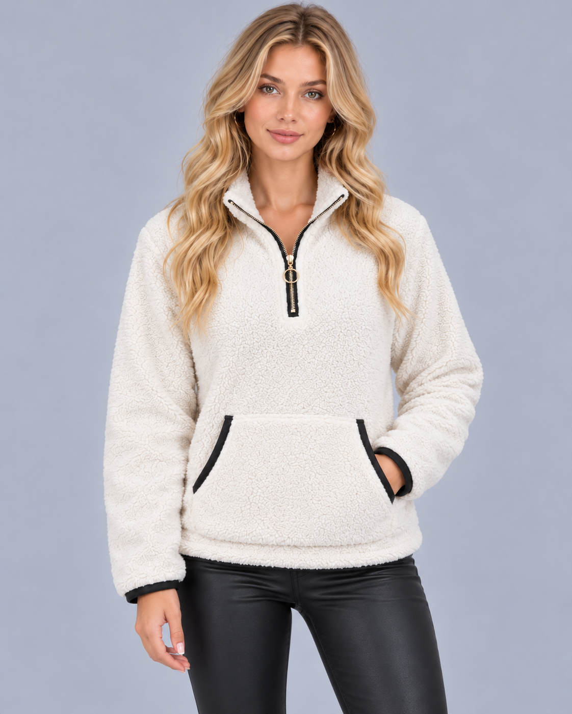 Women's Teddy Fleece Half Zip Jumper with Kangaroo Pocket