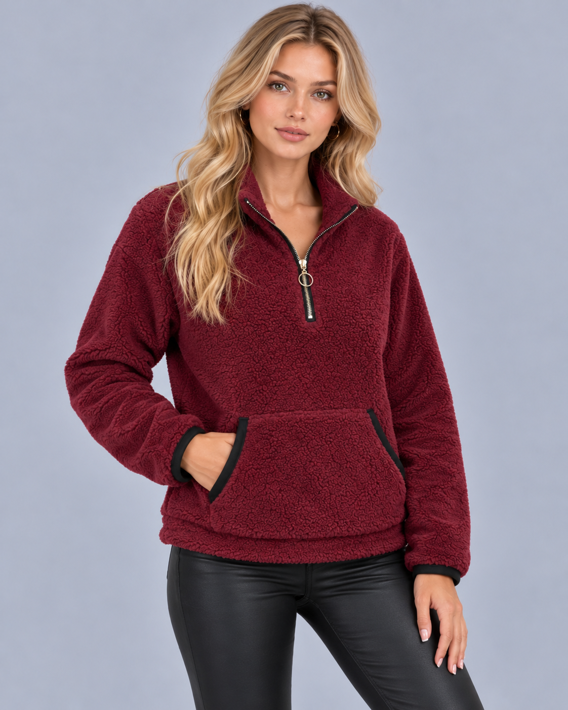Women's Teddy Fleece Half Zip Jumper with Kangaroo Pocket