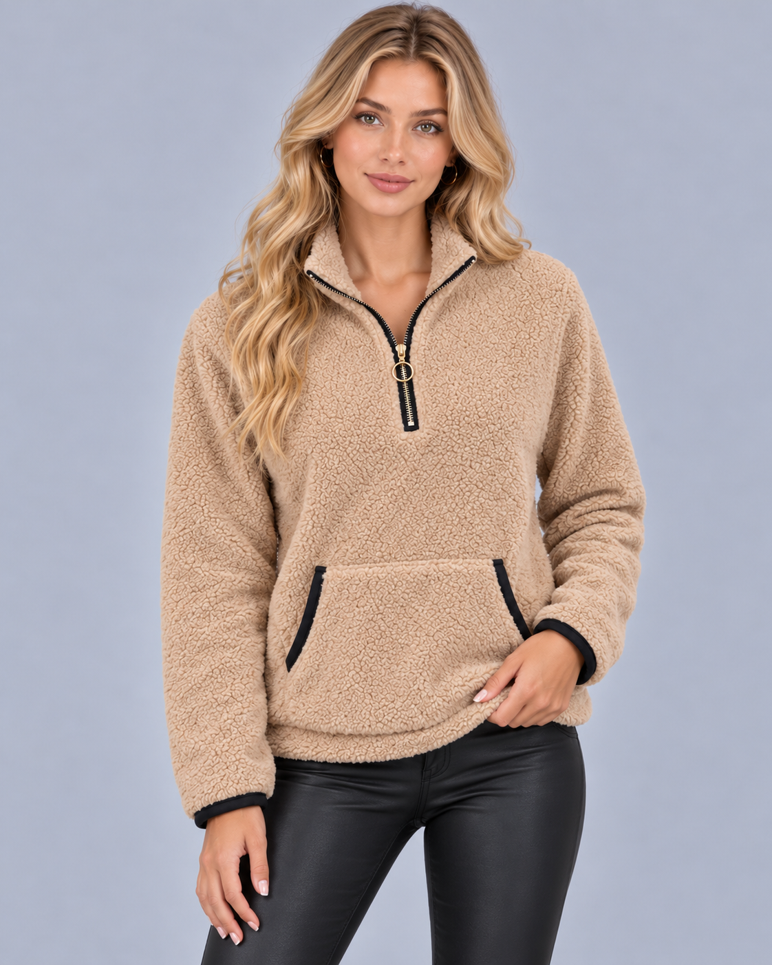 Women's Teddy Fleece Half Zip Jumper with Kangaroo Pocket