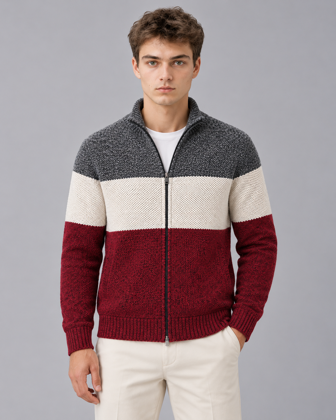 Men's Colour Block Zip-Up Cardigan with Stand Collar