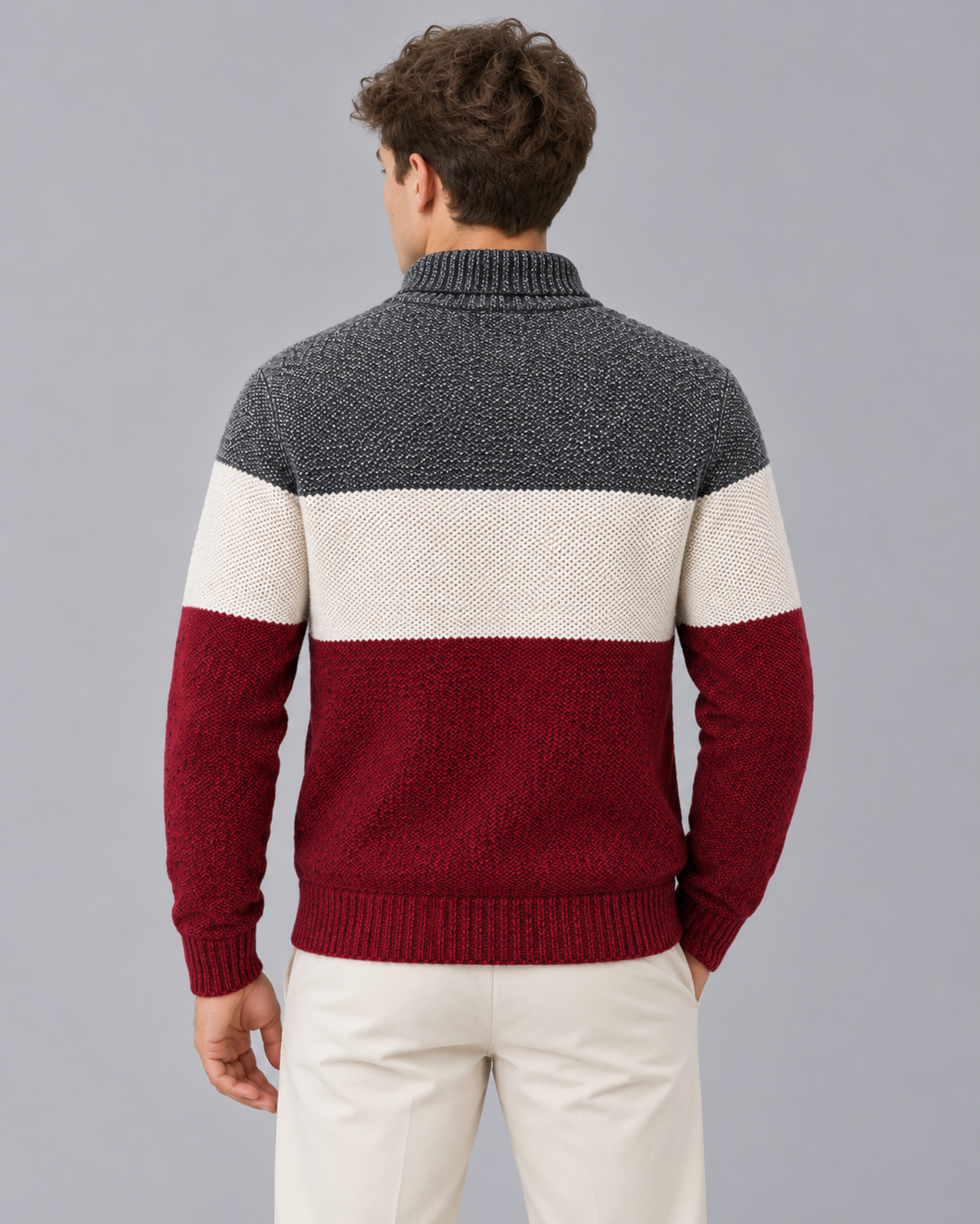 Men's Colour Block Zip-Up Cardigan with Stand Collar