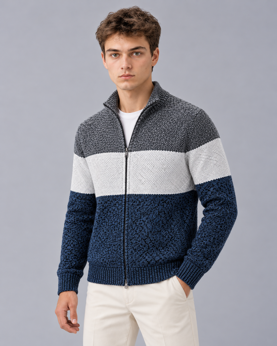 Men's Colour Block Zip-Up Cardigan with Stand Collar