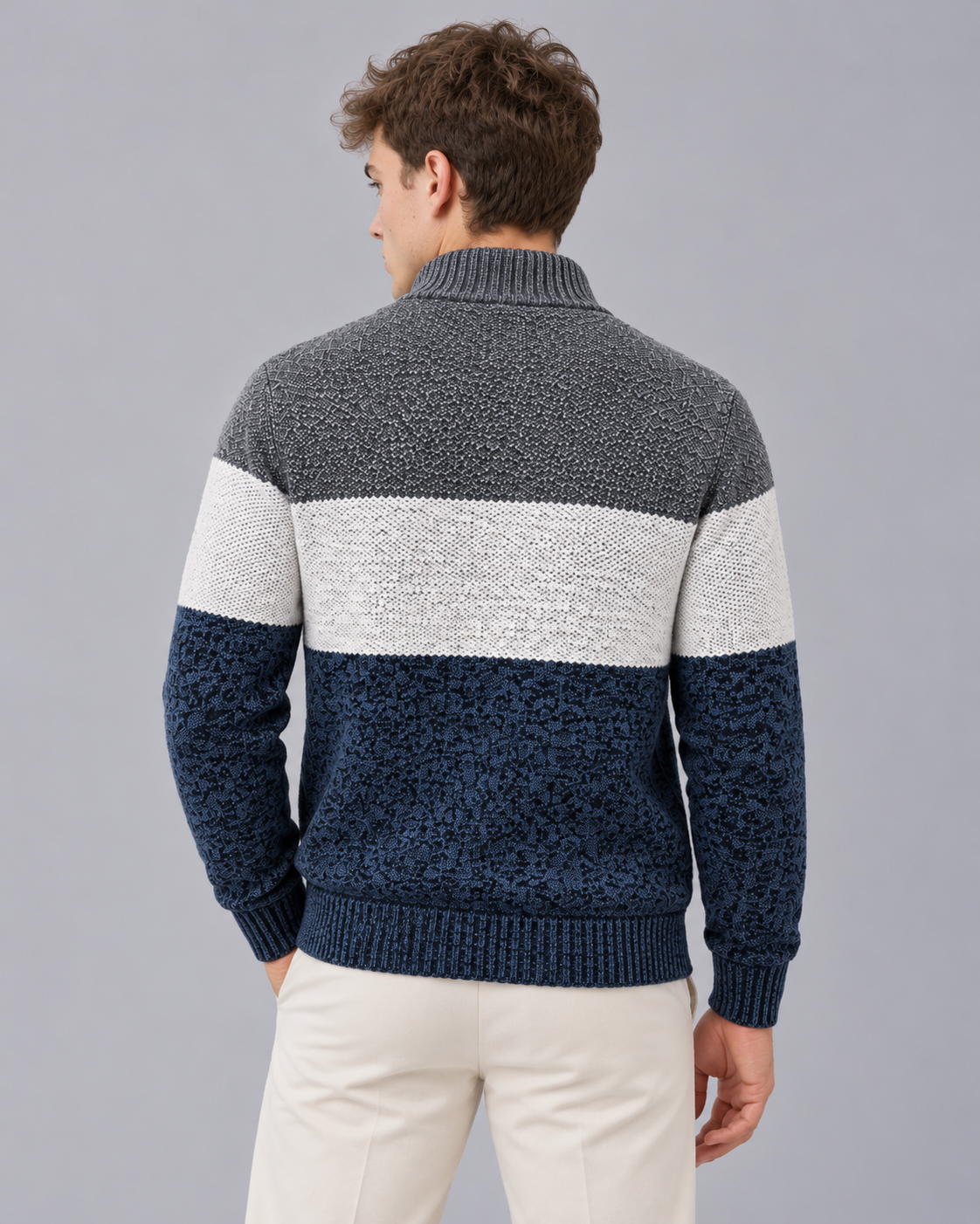 Men's Colour Block Zip-Up Cardigan with Stand Collar