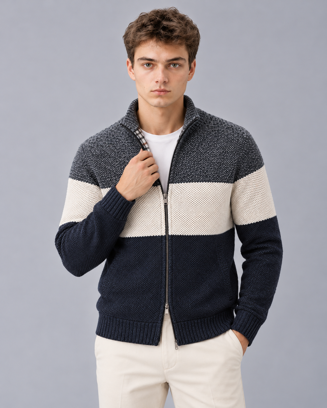 Men's Colour Block Zip-Up Cardigan with Stand Collar