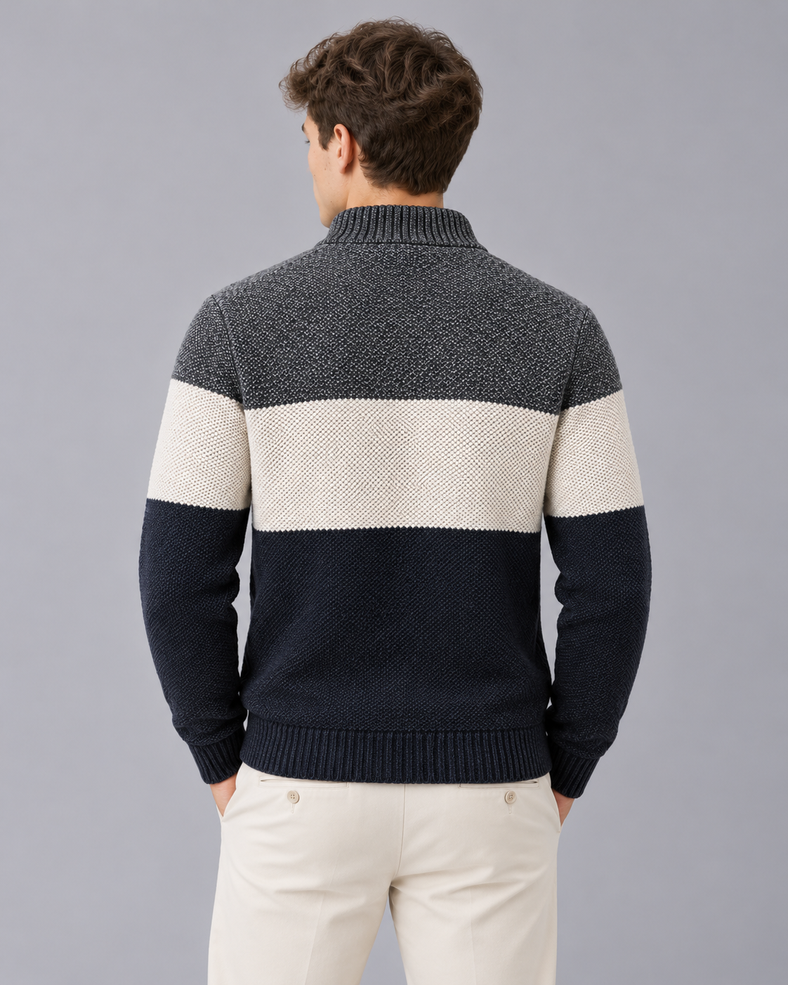 Men's Colour Block Zip-Up Cardigan with Stand Collar