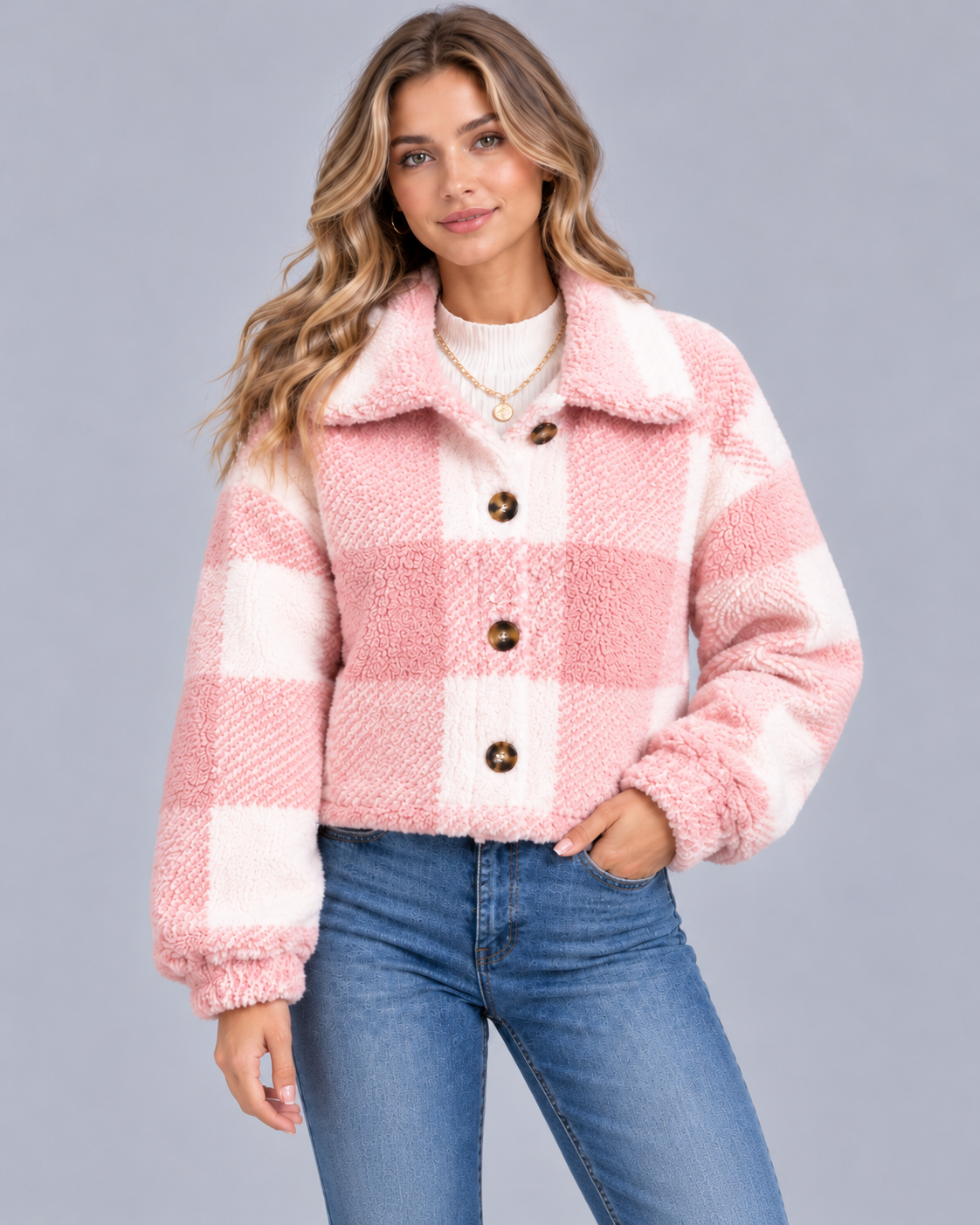 Women's Checked Teddy Fleece Jacket