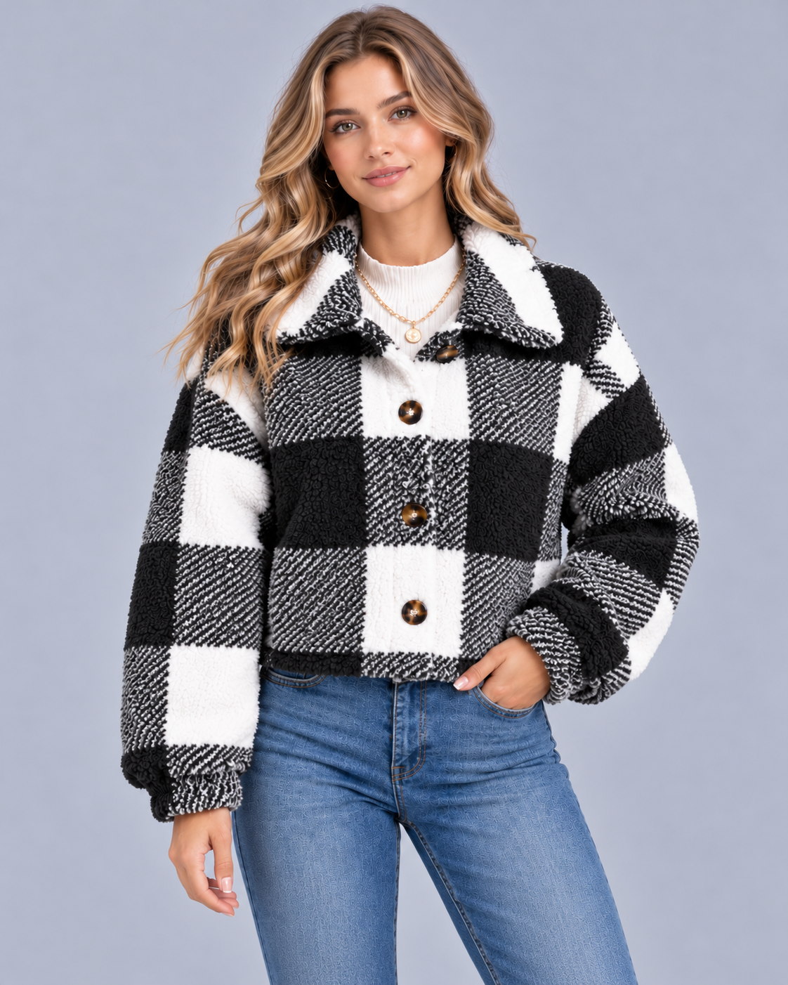 Women's Checked Teddy Fleece Jacket