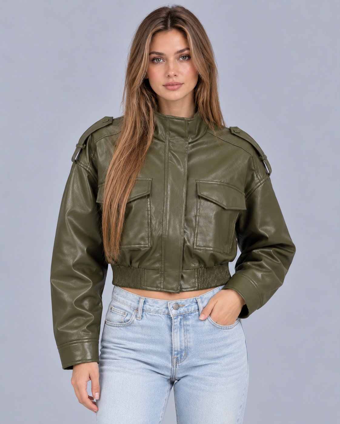 Women's Cropped Faux Leather Bomber Jacket
