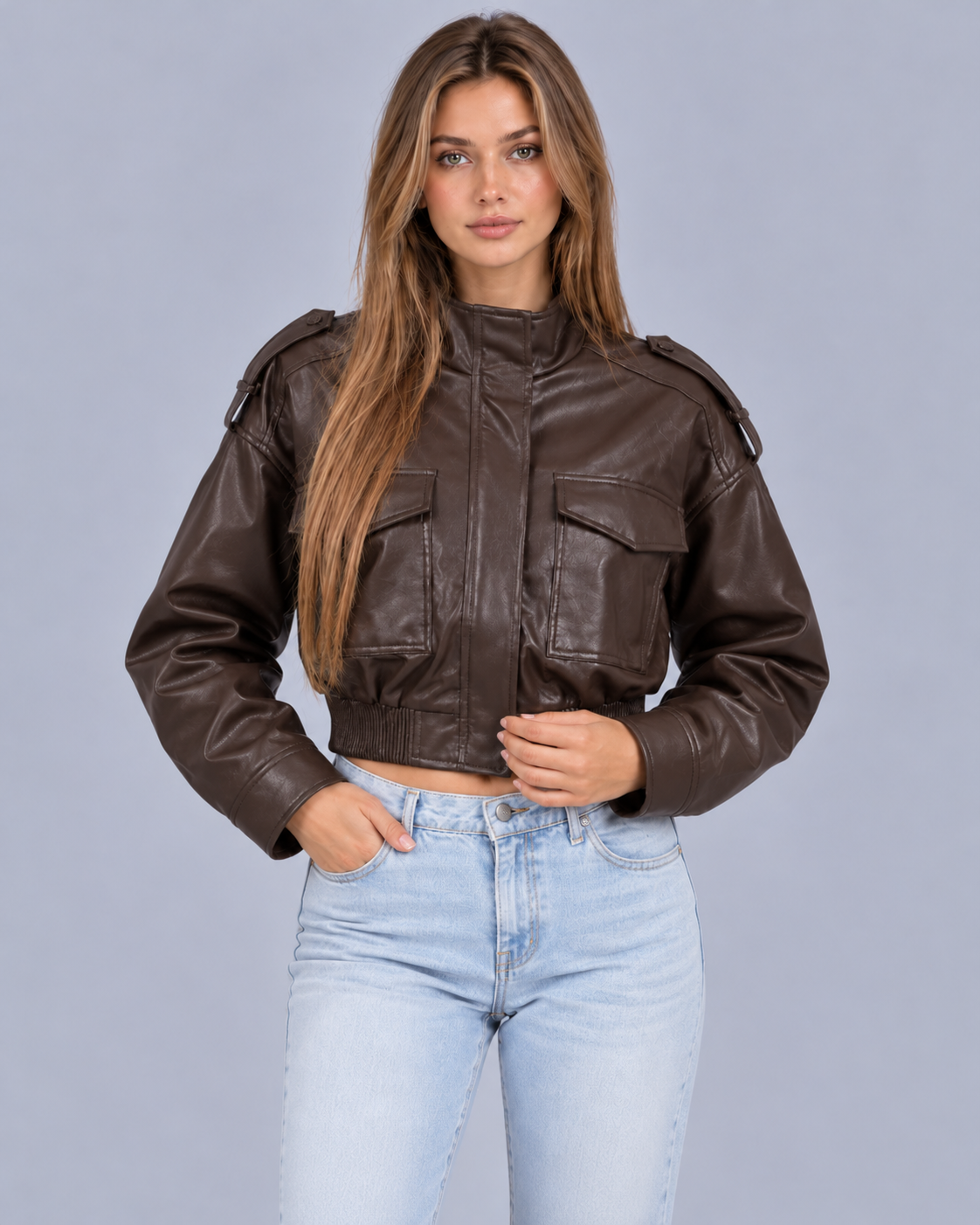 Women's Cropped Faux Leather Bomber Jacket