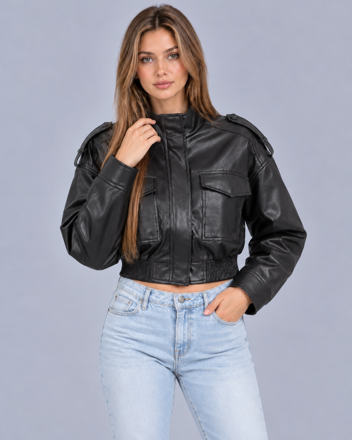 Women's Cropped Faux Leather Bomber Jacket