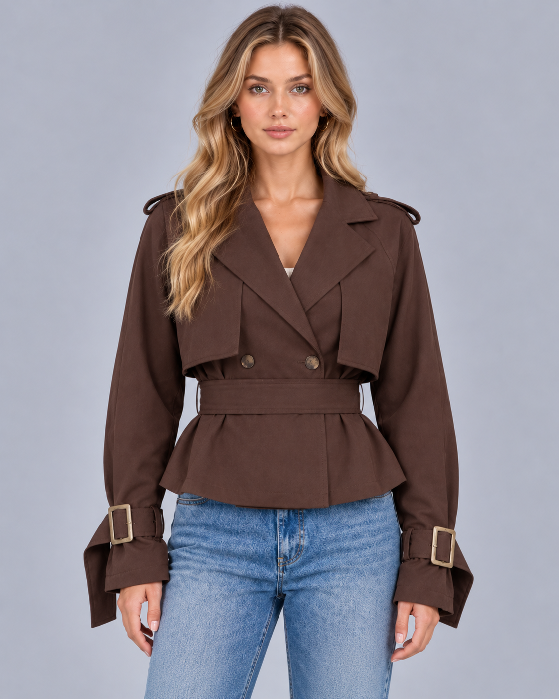 Women's Short Double Breasted Cotton Trench Coat with Belt