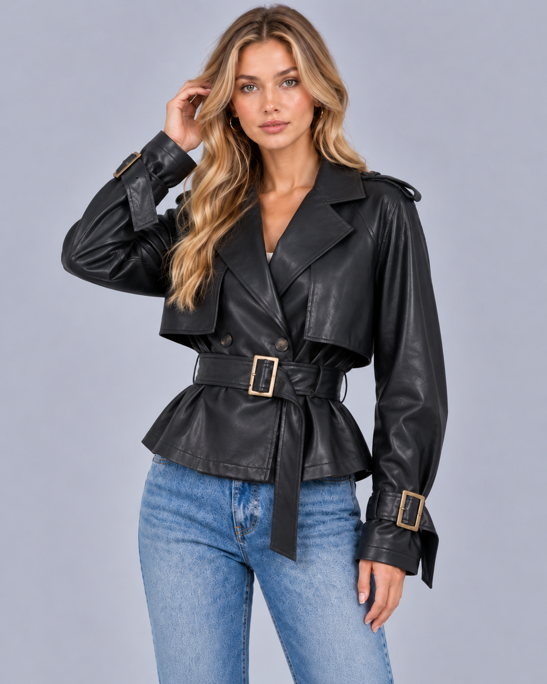 Women's Short Double Breasted Cotton Trench Coat with Belt