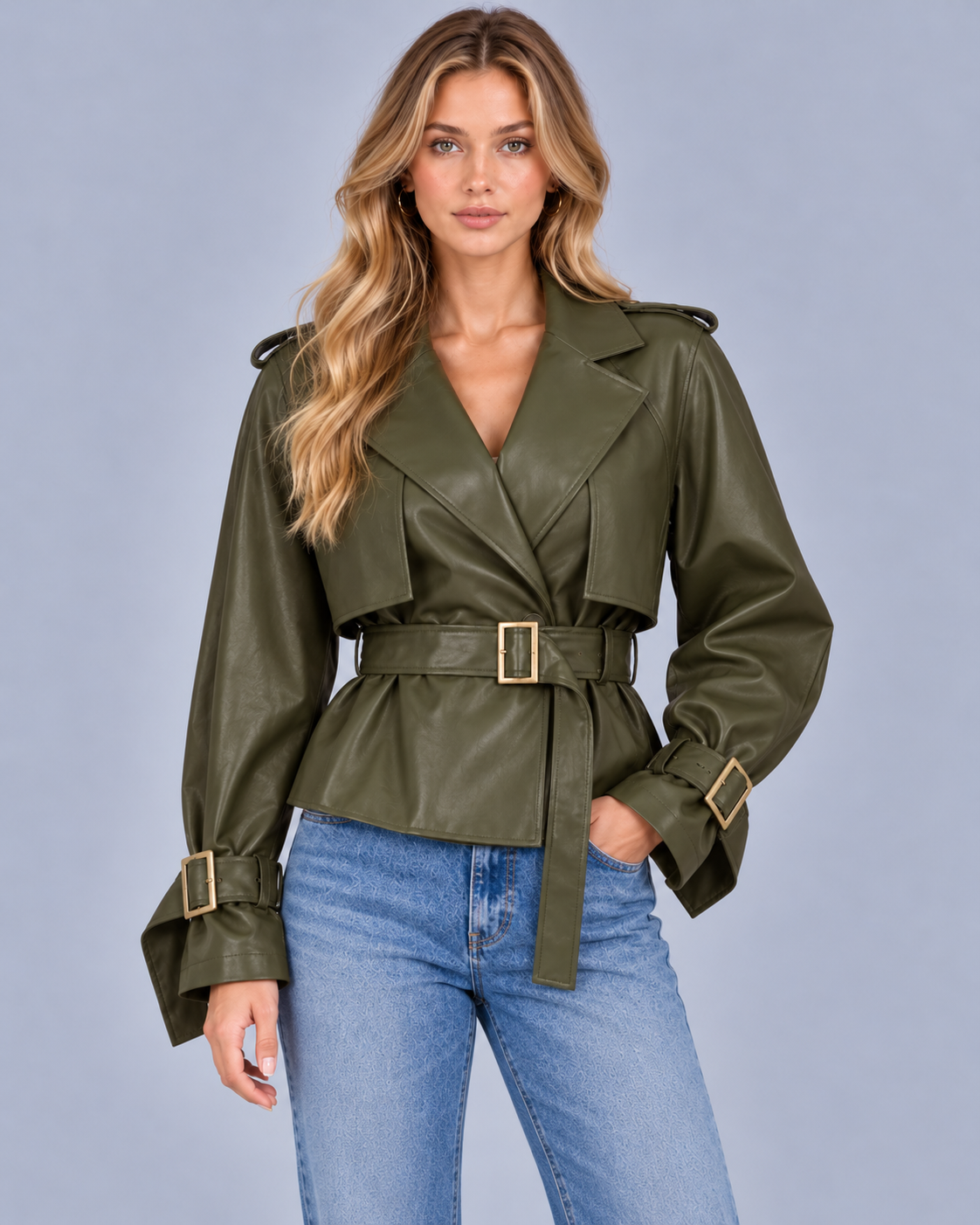 Women's Short Double Breasted Cotton Trench Coat with Belt