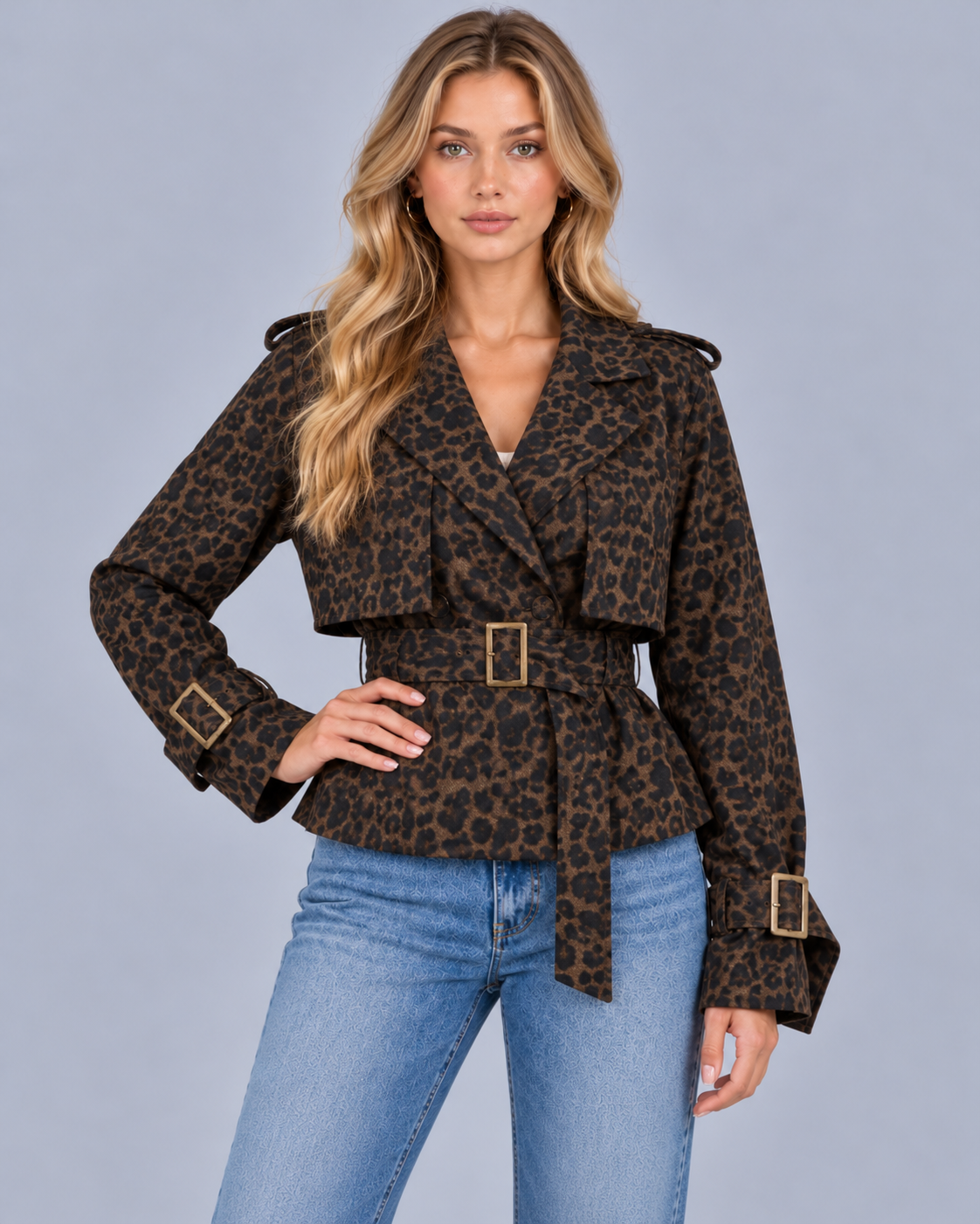 Women's Short Double Breasted Cotton Trench Coat with Belt