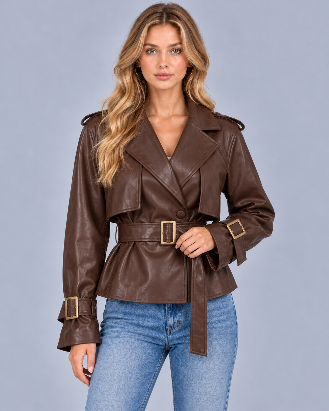 Women's Short Double Breasted Cotton Trench Coat with Belt