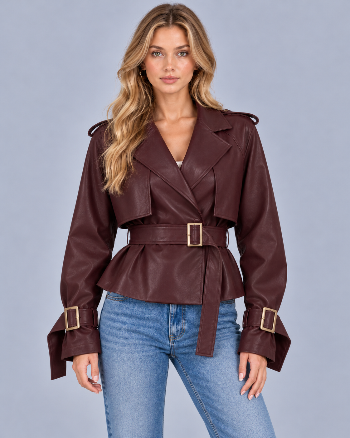 Women's Short Double Breasted Cotton Trench Coat with Belt