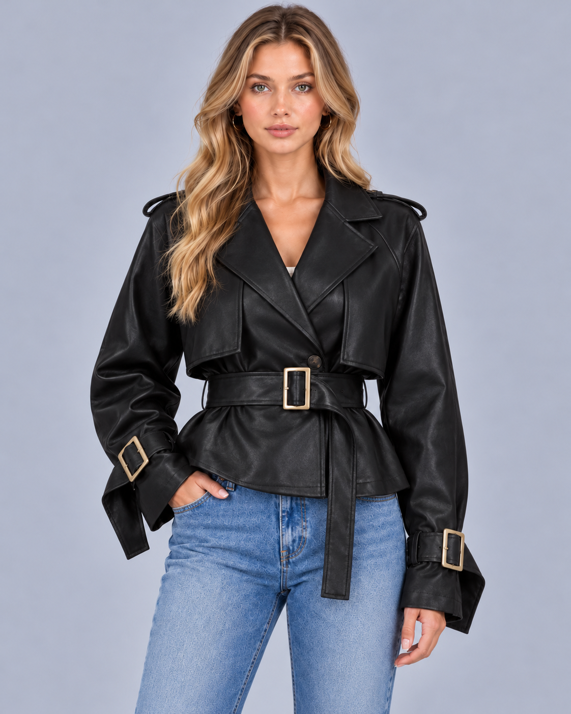 Women's Short Double Breasted Cotton Trench Coat with Belt