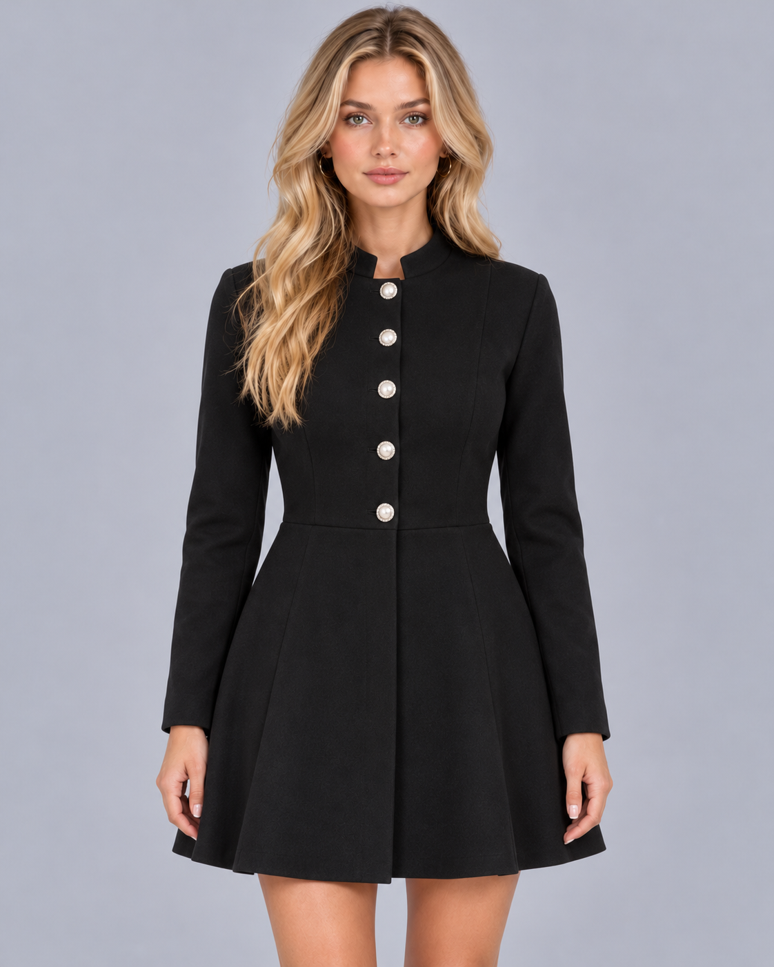 Women's Black Stand Collar Jacket with Pearl-Look Buttons and Flared Hem