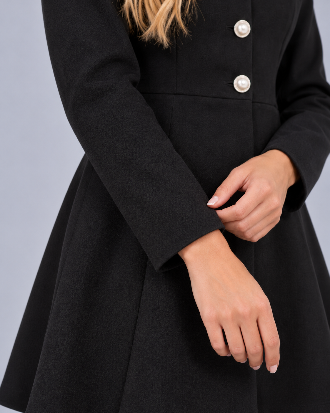 Women's Black Stand Collar Jacket with Pearl-Look Buttons and Flared Hem