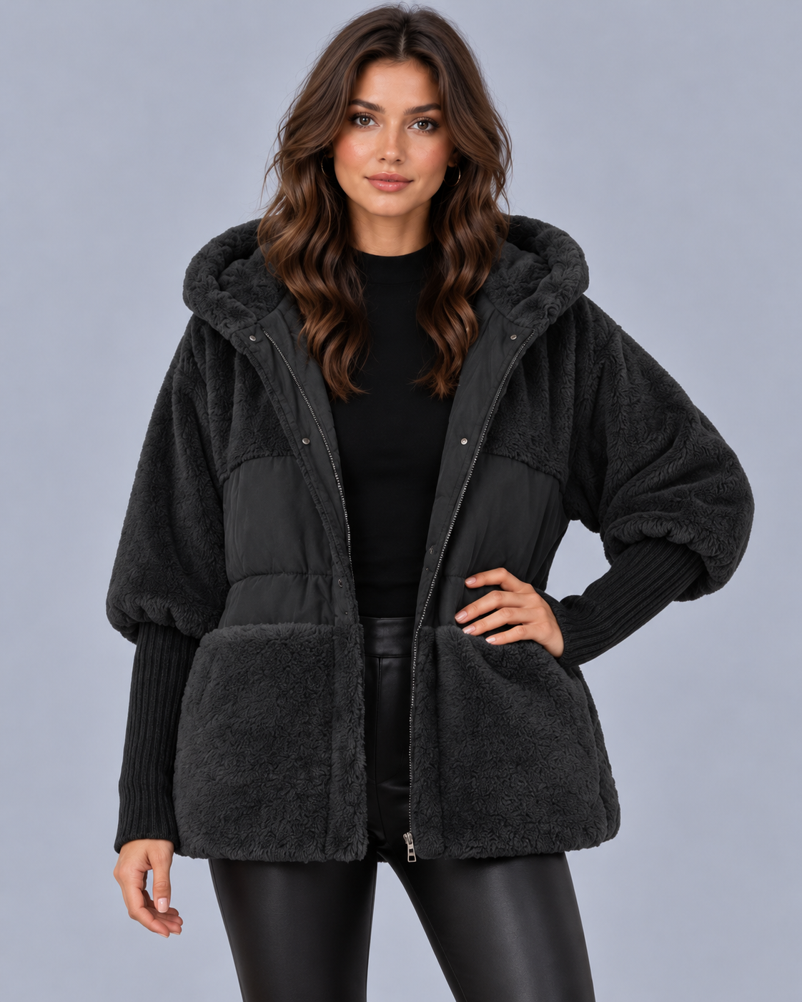 Women's Hooded Teddy Fleece Jacket with Quilted Panels