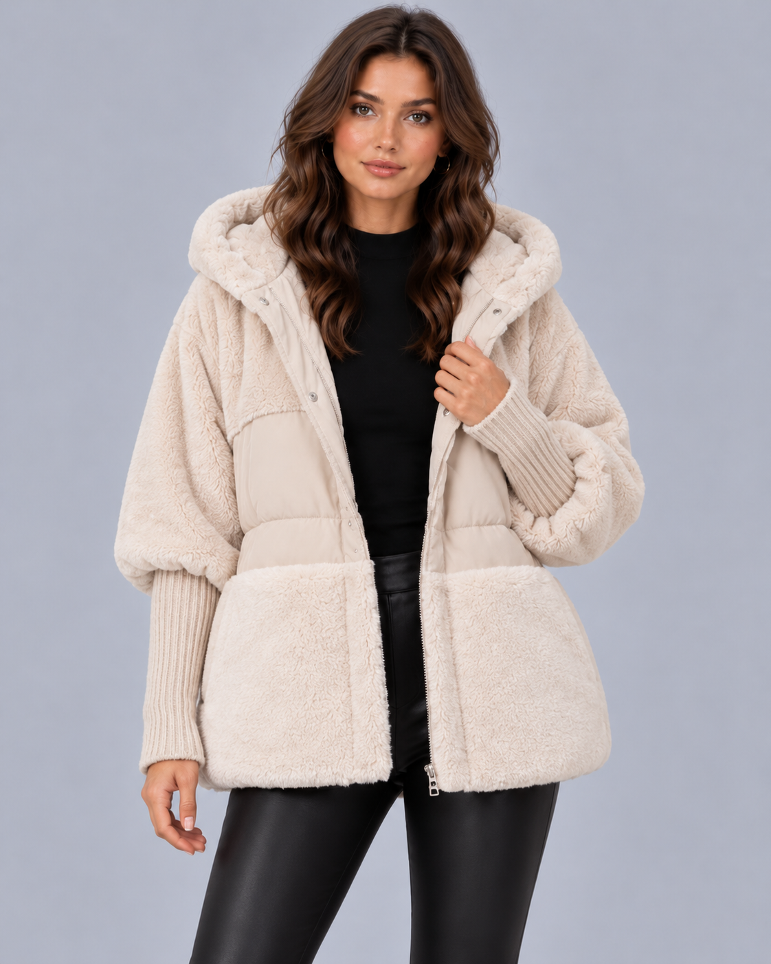 Women's Hooded Teddy Fleece Jacket with Quilted Panels