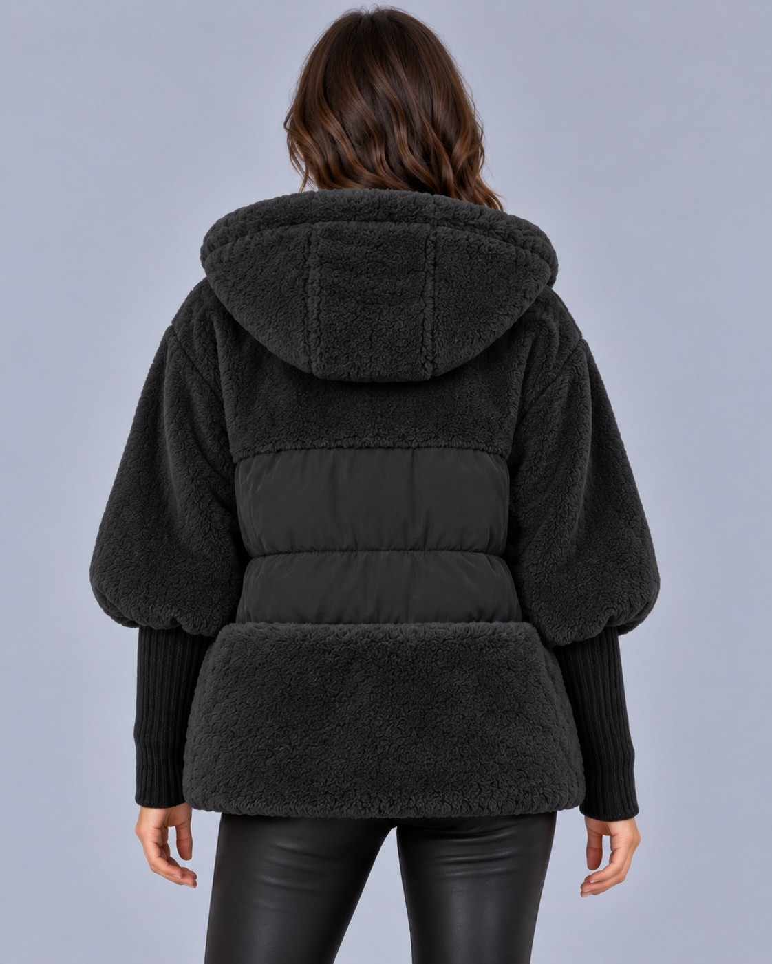 Women's Hooded Teddy Fleece Jacket with Quilted Panels