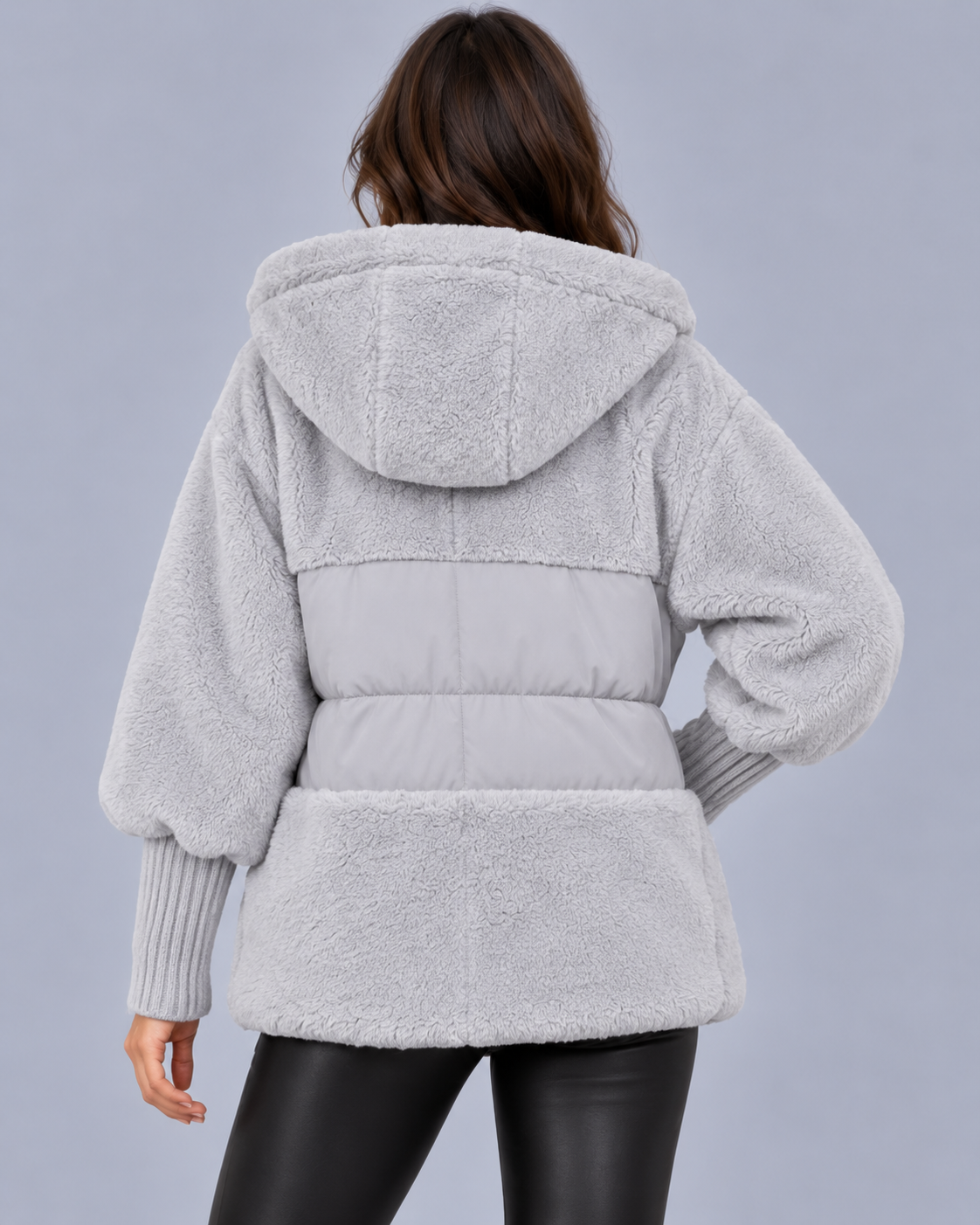 Women's Hooded Teddy Fleece Jacket with Quilted Panels