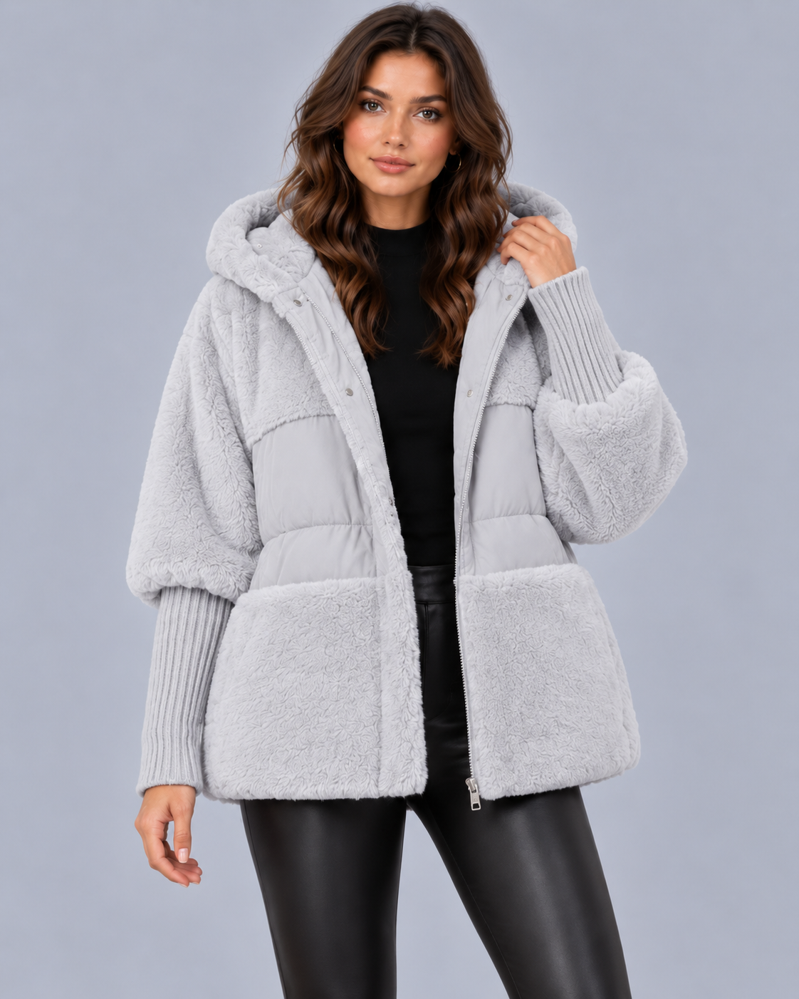 Women's Hooded Teddy Fleece Jacket with Quilted Panels