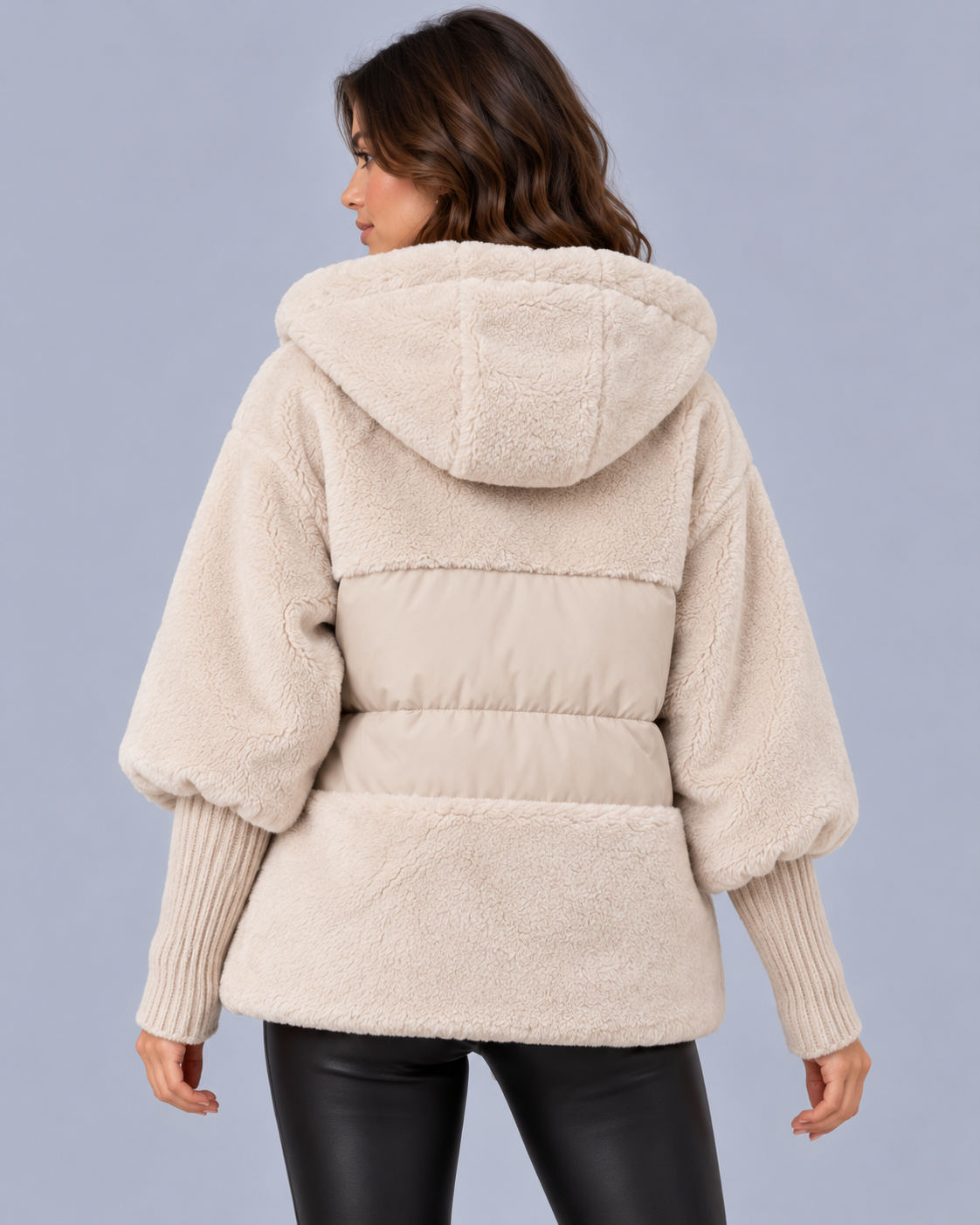 Women's Hooded Teddy Fleece Jacket with Quilted Panels
