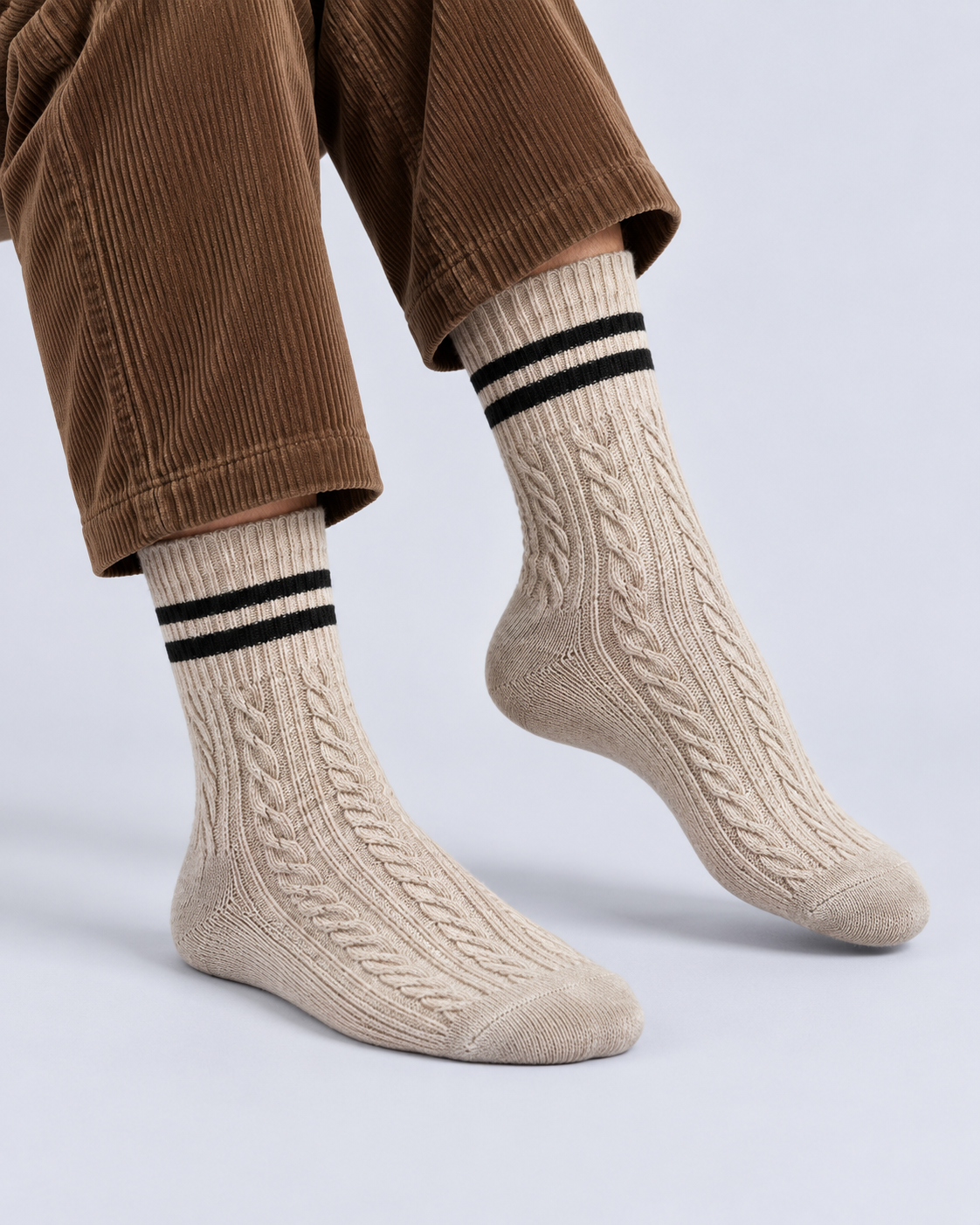 Cotton Cable-Knit Crew Socks with Striped Cuffs