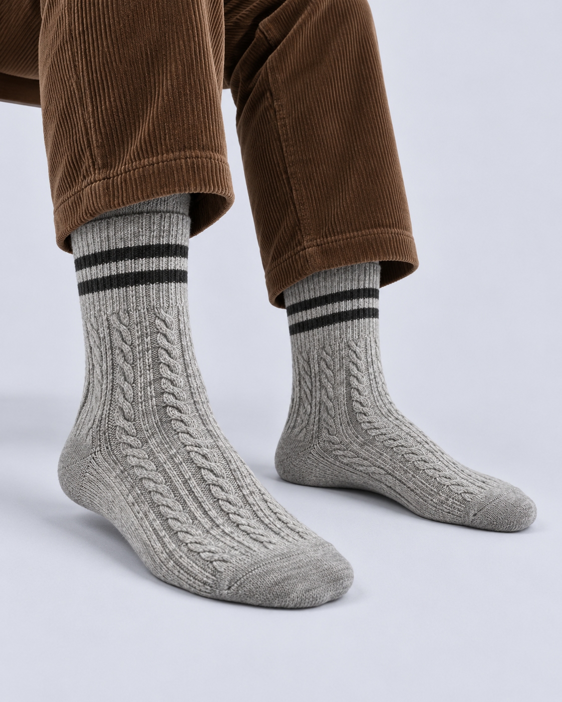 Cotton Cable-Knit Crew Socks with Striped Cuffs