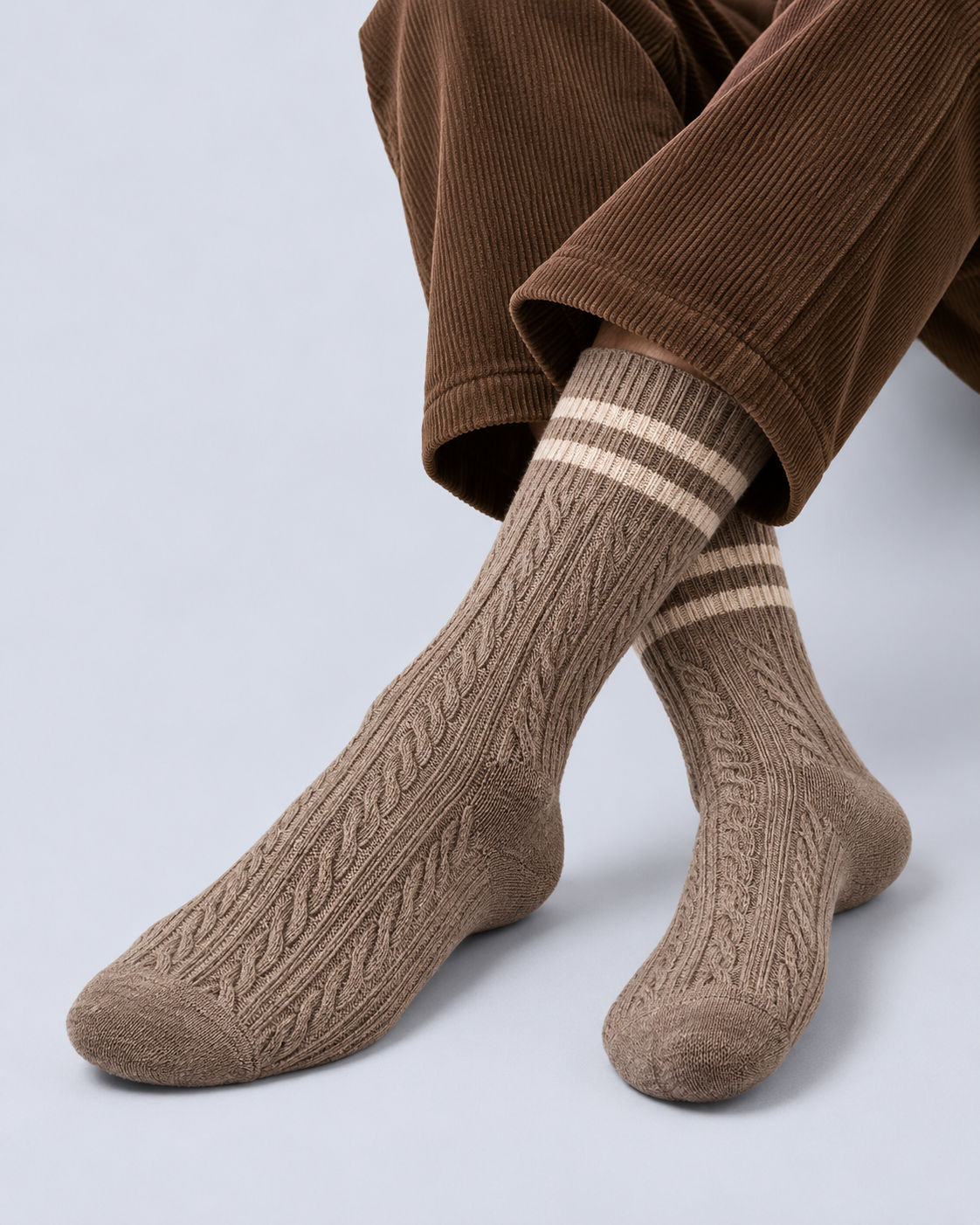 Cotton Cable-Knit Crew Socks with Striped Cuffs