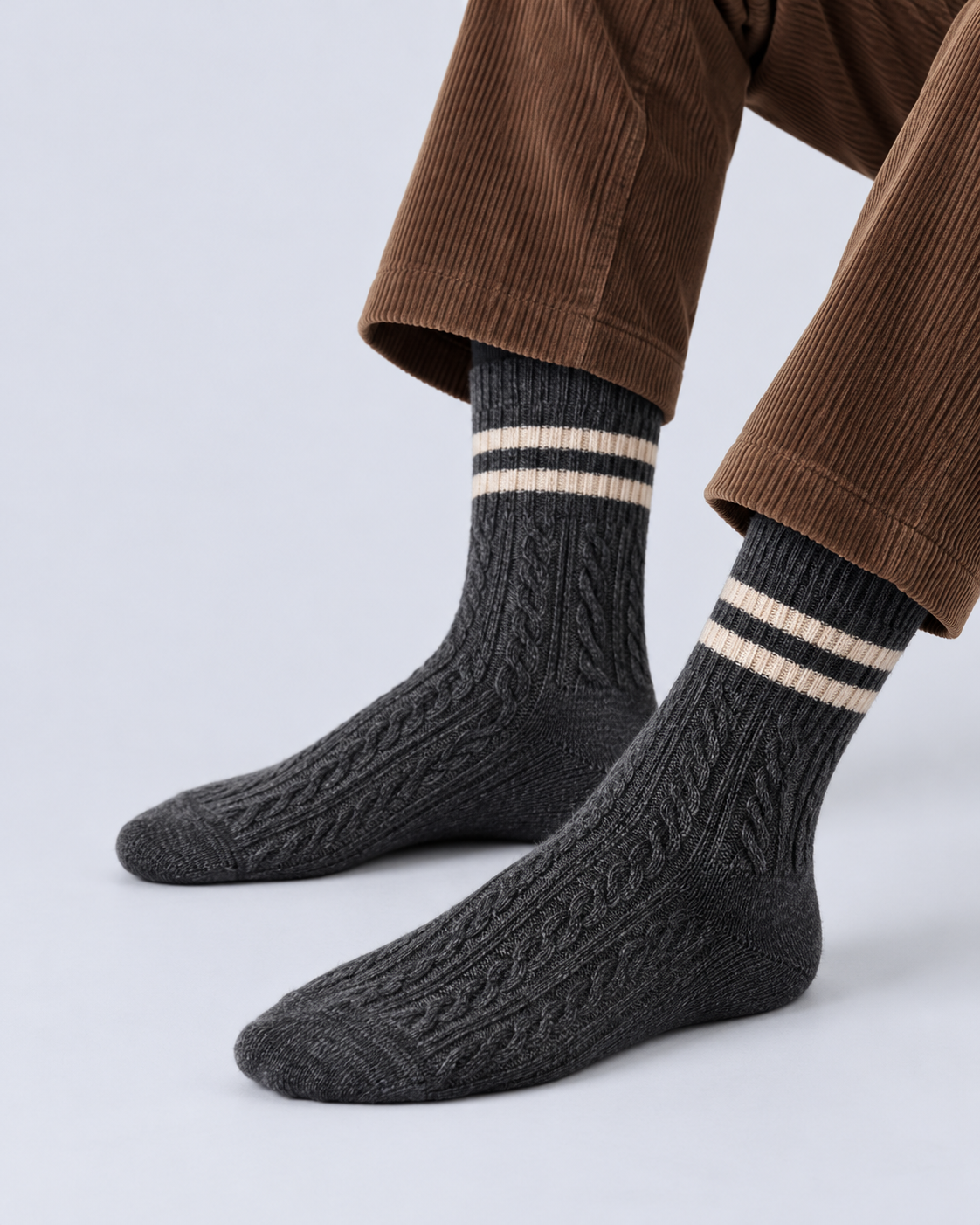 Cotton Cable-Knit Crew Socks with Striped Cuffs