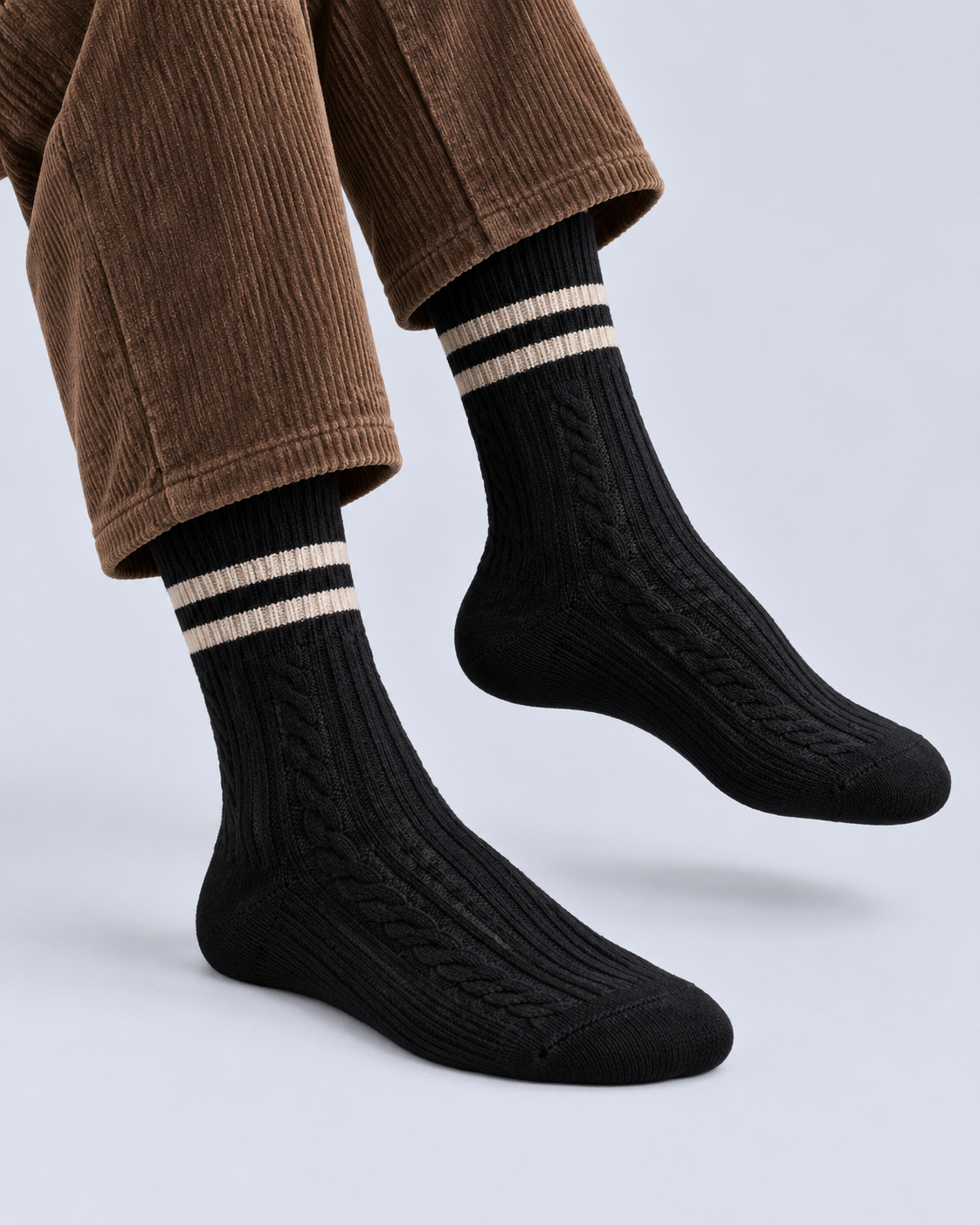Cotton Cable-Knit Crew Socks with Striped Cuffs