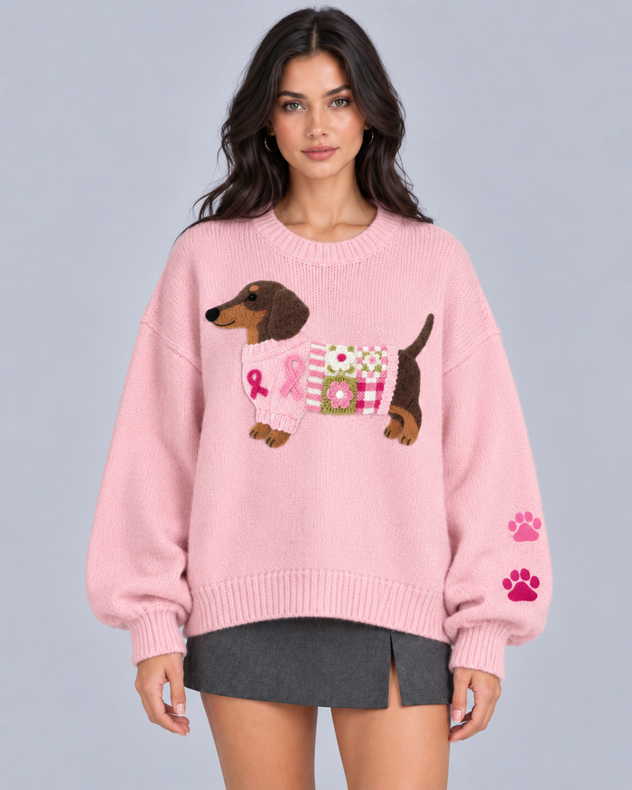 Women's Cozy Knit Sweater | Adorable Dachshund Motif Jumper with Relaxed Fit