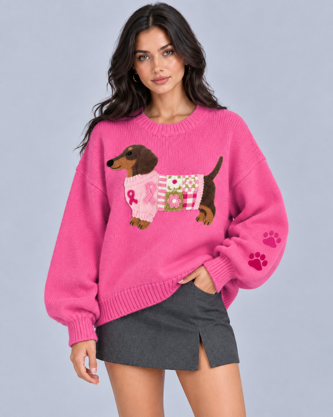 Women's Cozy Knit Sweater | Adorable Dachshund Motif Jumper with Relaxed Fit