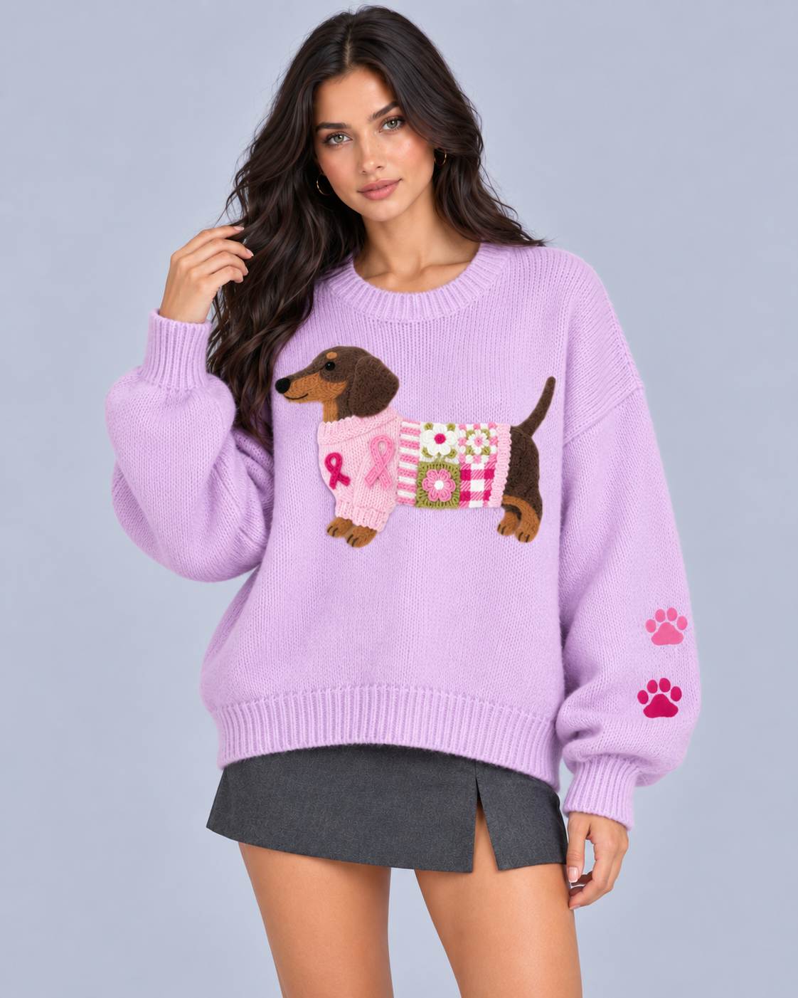 Women's Cozy Knit Sweater | Adorable Dachshund Motif Jumper with Relaxed Fit