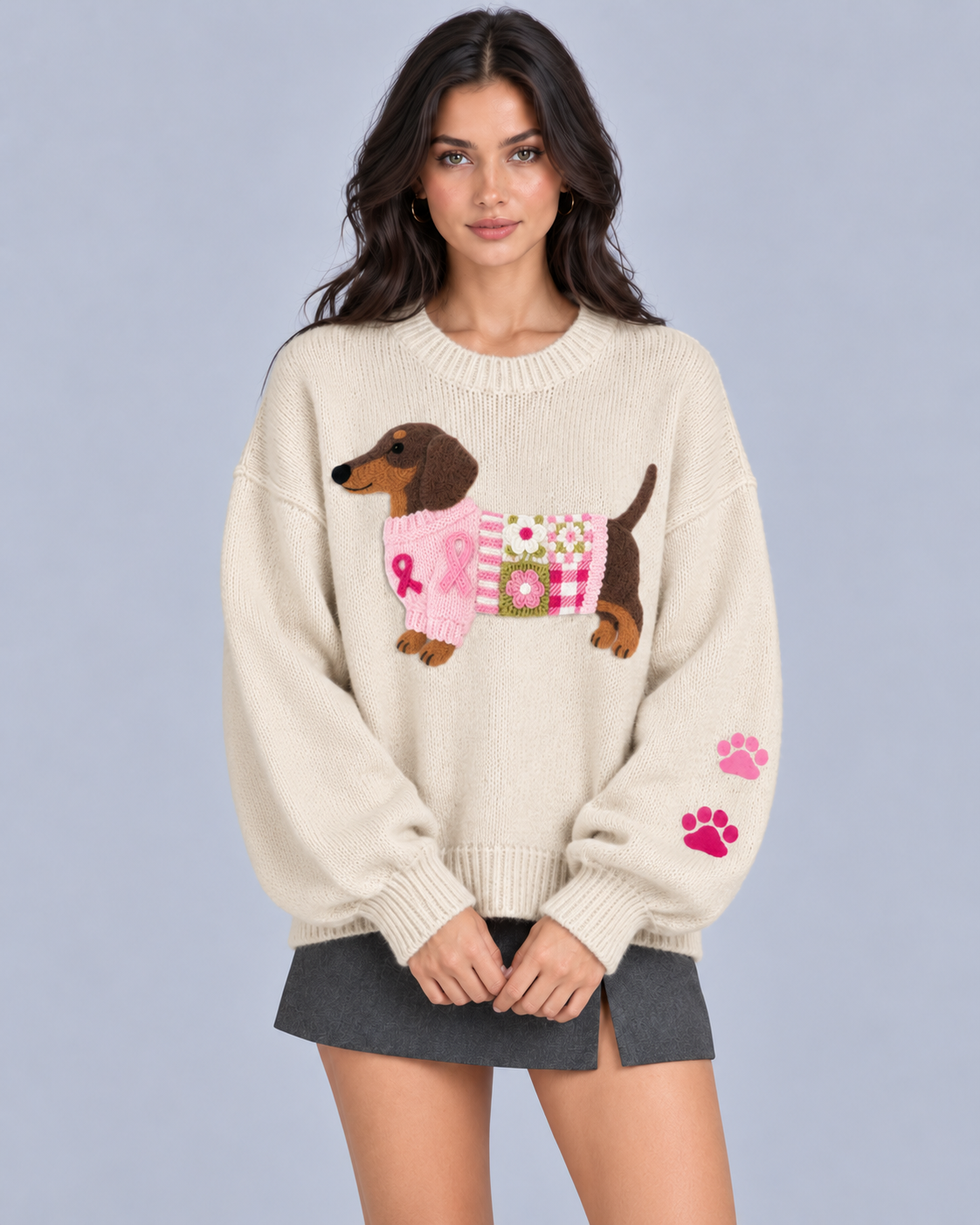 Women's Cozy Knit Sweater | Adorable Dachshund Motif Jumper with Relaxed Fit
