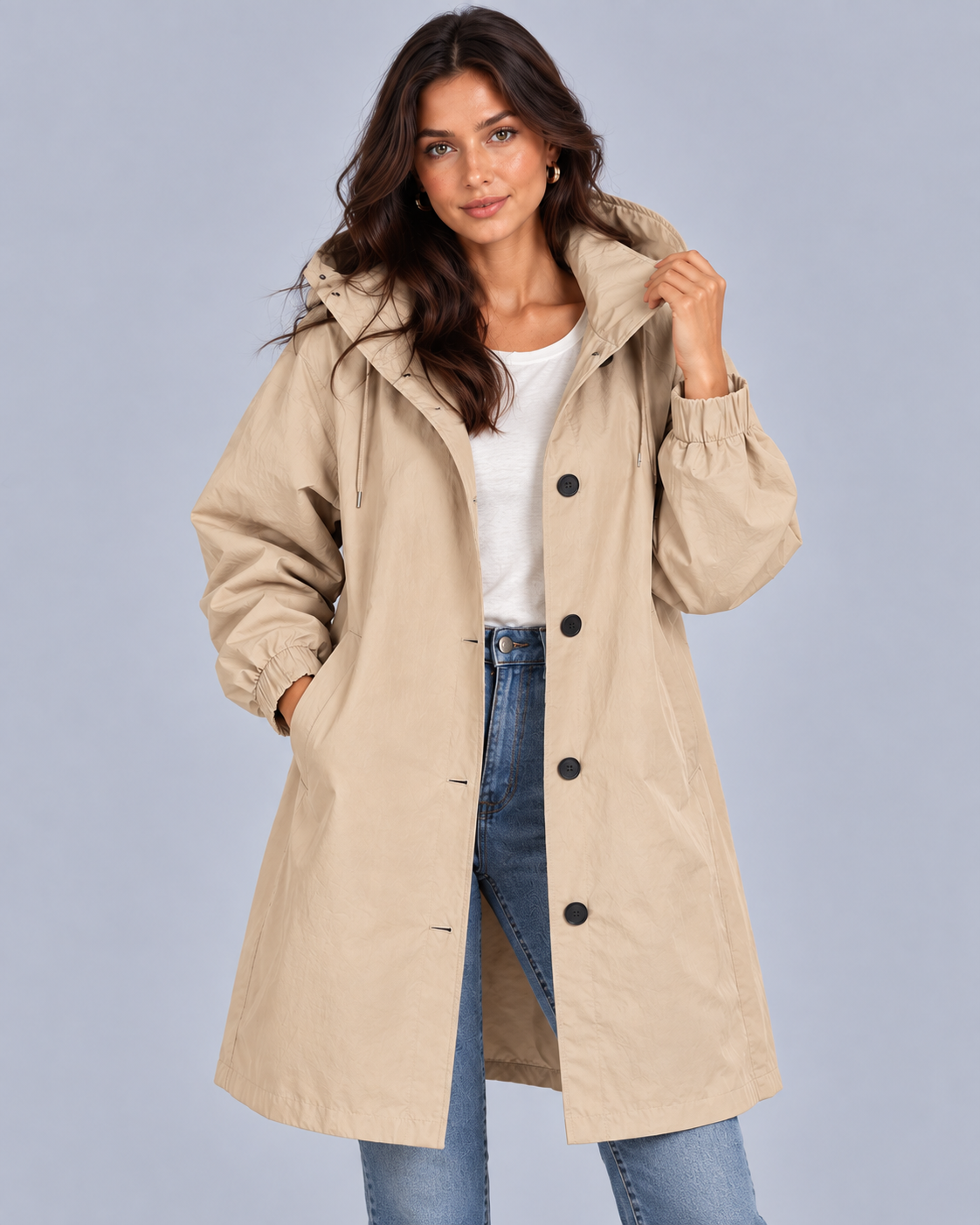 Women's Lightweight Synthetic Longline Trenchcoat| Elegant Packable Hooded Overcoat