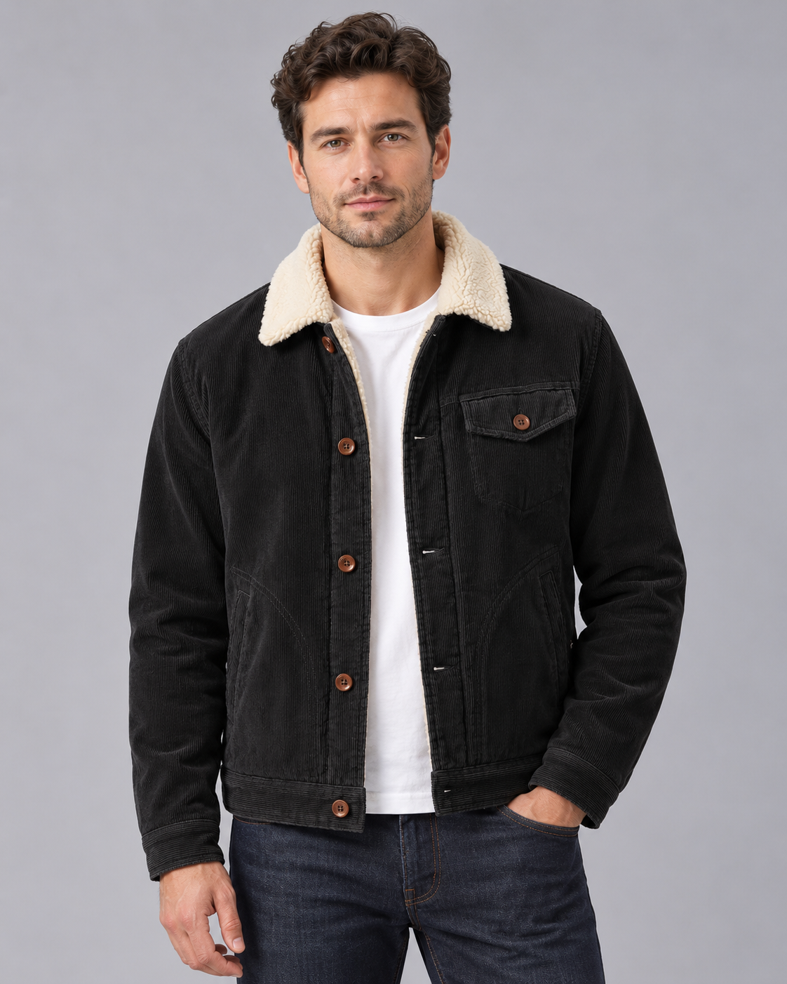 Men's Corduroy Sherpa Lined Jacket | Trucker Coat with Fleece Collar